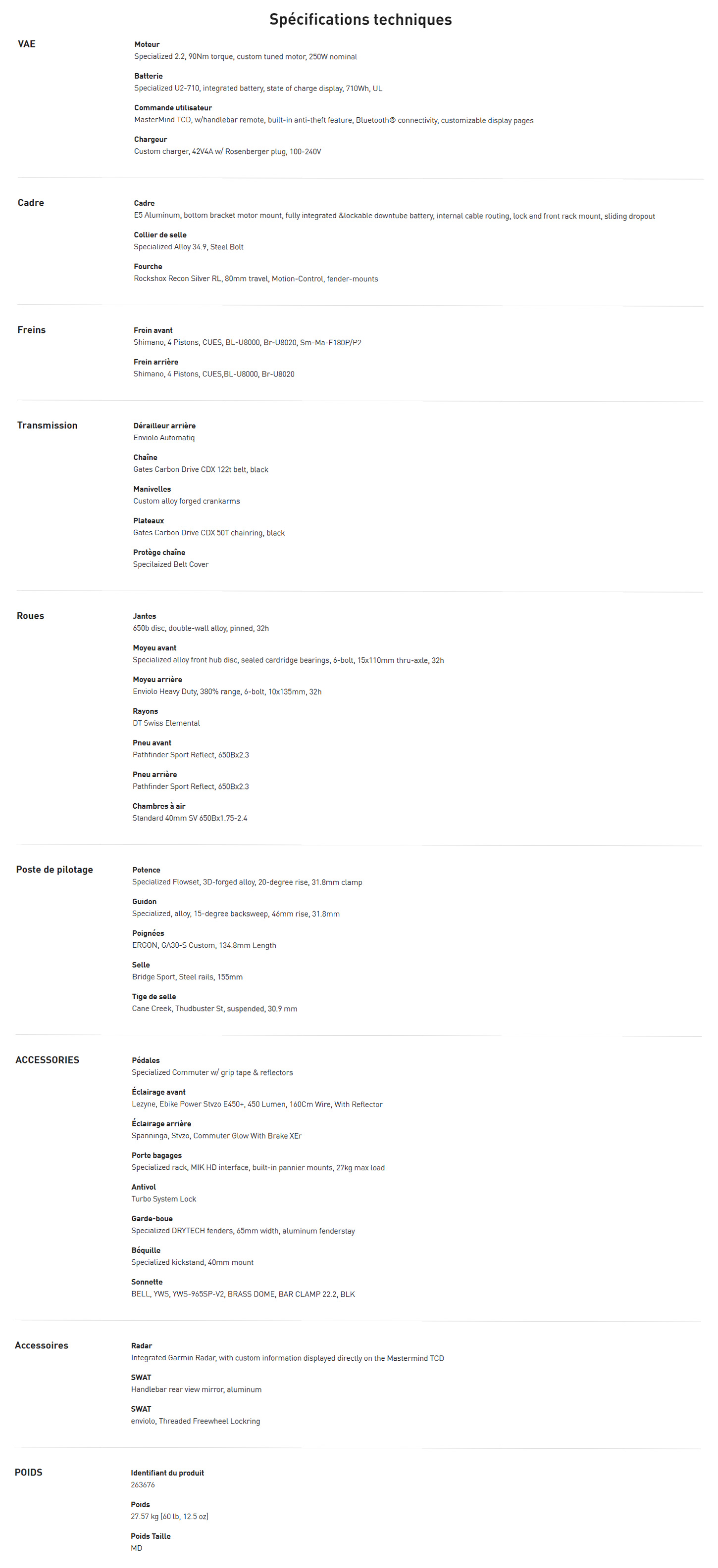 Caracteristique technique du vélo électrique Turbo Vado 5.0 IGH Step-Through année 2026